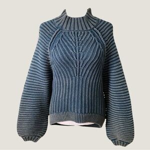 Bohme Chunky Cable Knit Ribbed Mock Neck Boho Sweater 100% Cotton Sz M